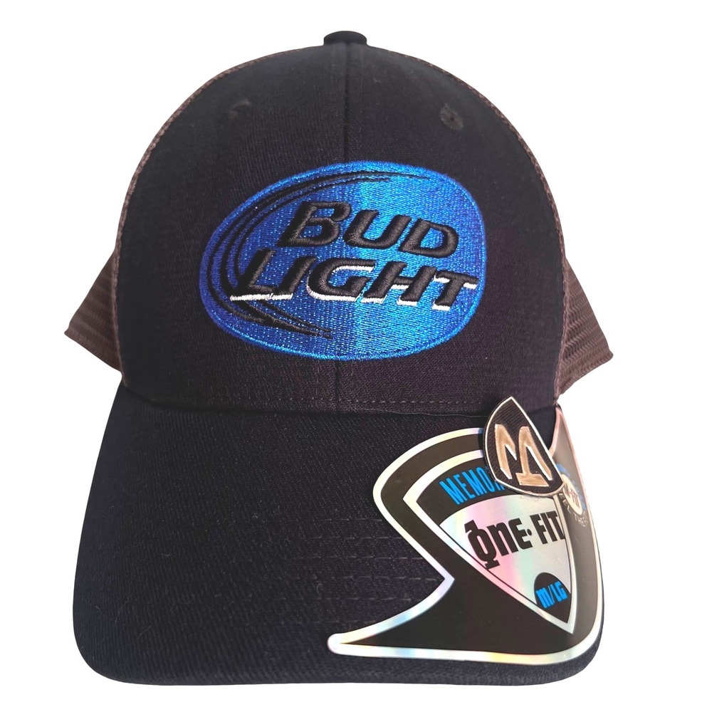 Bud Light Hat Top of the World Black Grey Mesh Trucker Cap Memory Fit M/LG
